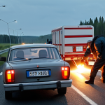 **
A Russian driver checks the trailer lights on his car. The scene should show a typical Russian highway and focus on the safety check. The image should convey a sense of preparedness and responsibility.
**