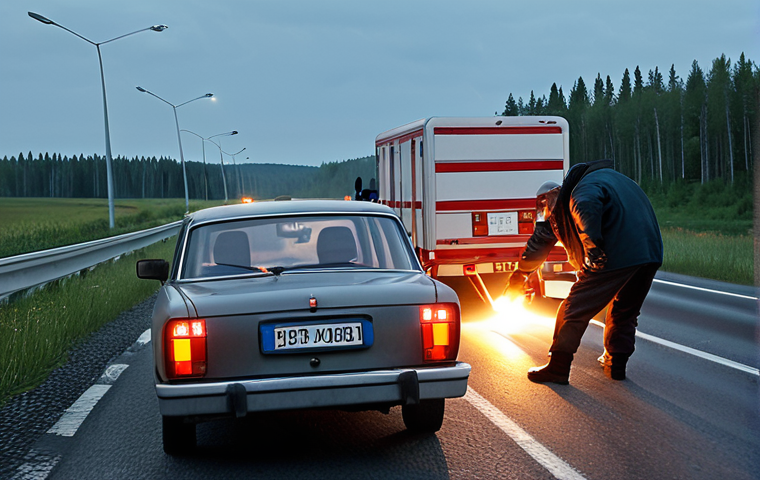 **

A Russian driver checks the trailer lights on his car. The scene should show a typical Russian highway and focus on the safety check. The image should convey a sense of preparedness and responsibility.

**
