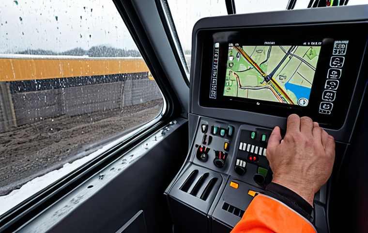 **Image Prompt 1: The Operator's Mastery**
    A highly skilled heavy equipment operator, seen from a slightly elevated perspective inside the modern, sleek cabin of a powerful excavator or crane. Their hands are firmly on the controls, fingers subtly manipulating joysticks and buttons with intense focus. Rain streaks down the cabin window, blurring the background slightly and emphasizing the challenging operational environment. Integrated screens within the cabin display a GPS map and multiple camera views, highlighting the blend of human skill and advanced technology. The overall mood conveys precision, concentration, and a deep connection between the operator and their multi-ton machine, symbolizing mastery over complex tasks.