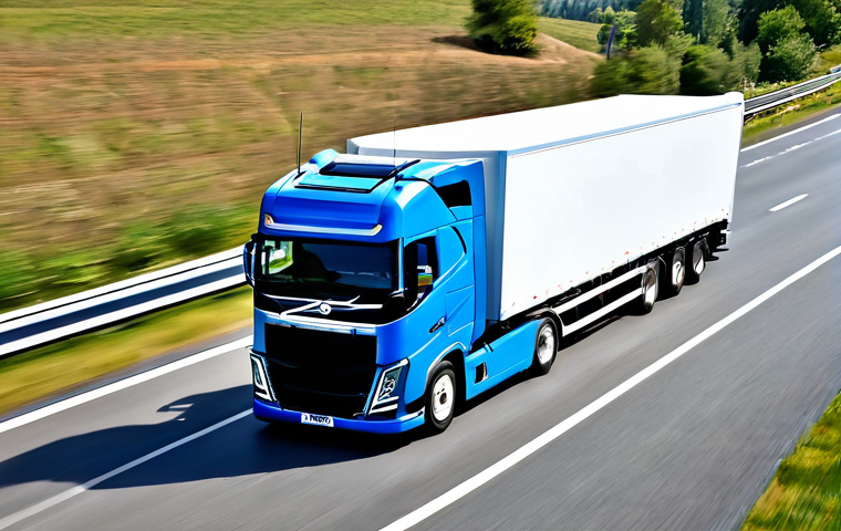 대형 트럭의 연료 효율을 높이는 방법 - **Prompt Title: Aerodynamic Efficiency on the Open Road**
Detailed prompt: "A wide-angle, medium...